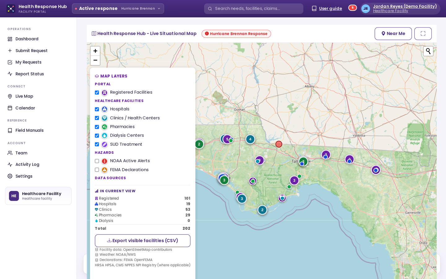Live operational map - FL Panhandle facility clusters + incident pin